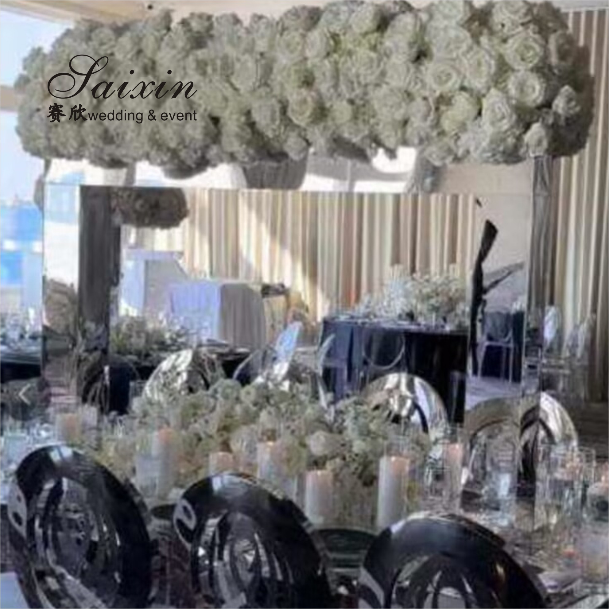 ZT-596 Saixin new wedding centerpiece large rectangle gold metal flower stands with hanging crystal