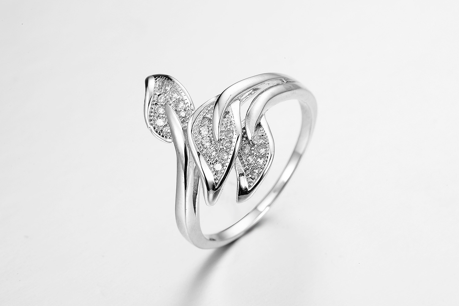 Three Leaves Butterfly 925 Silver CZ Rings 3.54g Sterling Silver Cubic Zirconia Ring Set