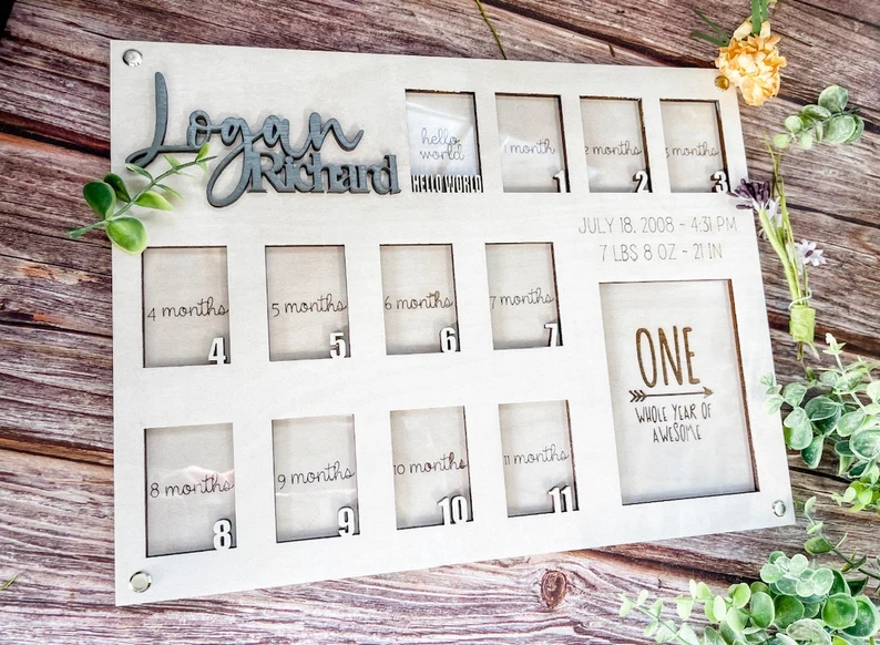 Baby Birth Milestone Block Set One Year Monthly Photo Wooden Frame Newborn Age Blocks