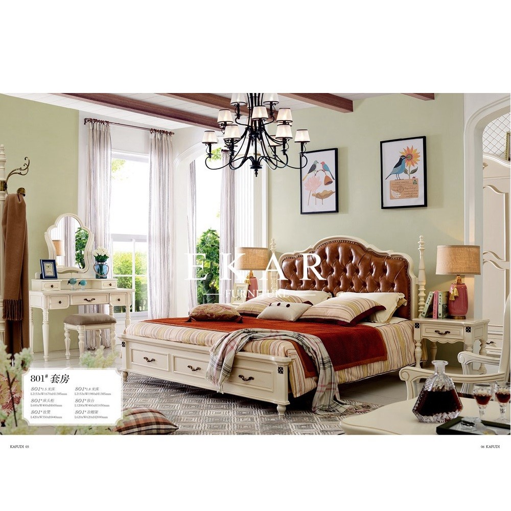 Brown Leather Pull buckle furniture latest wood double bed designs