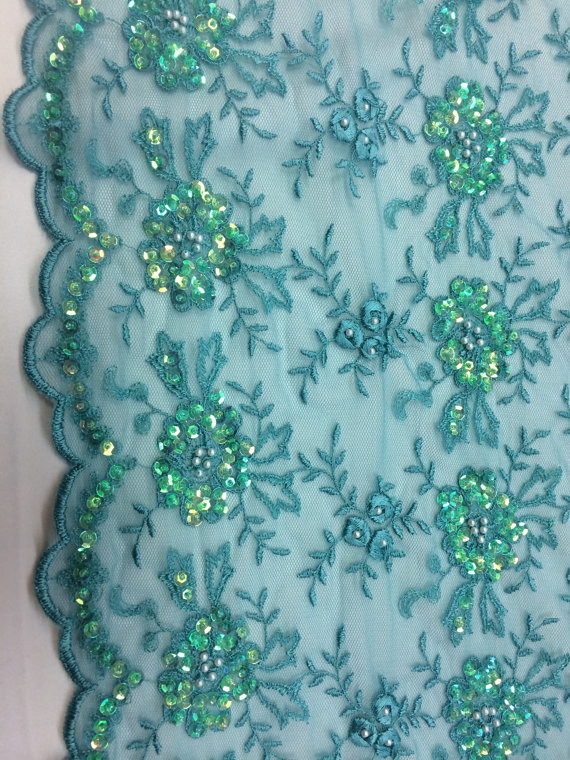 Green Scalloped Beaded Lace Fabric By The Yard For Wedding Bridals / Gowns