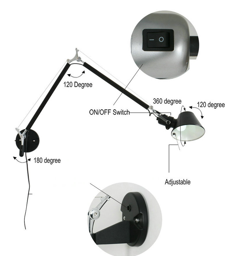 American Black Silver Wall Light E27 for Bedside Office Living Room Rotatable Long Arm Wall Lamp(WH-OR-233)