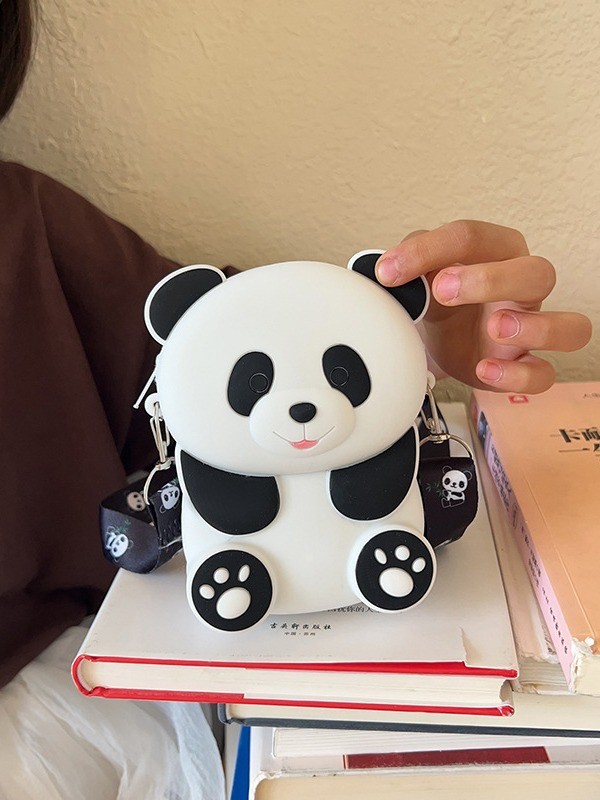 Panda Durable Compact Silicone Coin Bag With Zip Closure Crossbody Shoulder Bag Coin Wallet Bag School Office Supplies