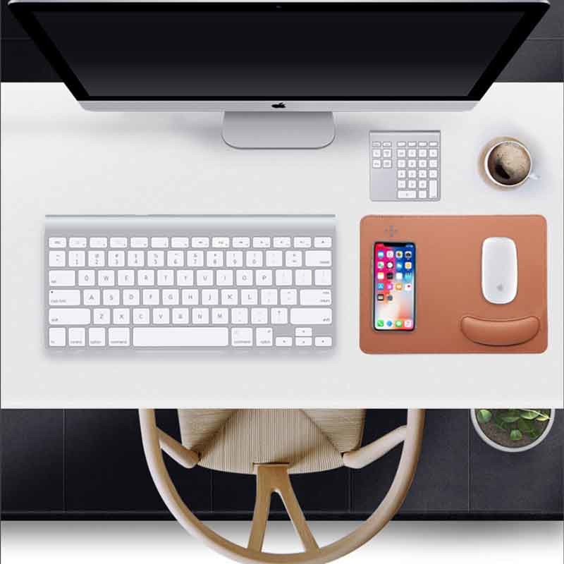 Custom Logo PU Leather Mouse Pad Wireless Charger With Wrist Rest