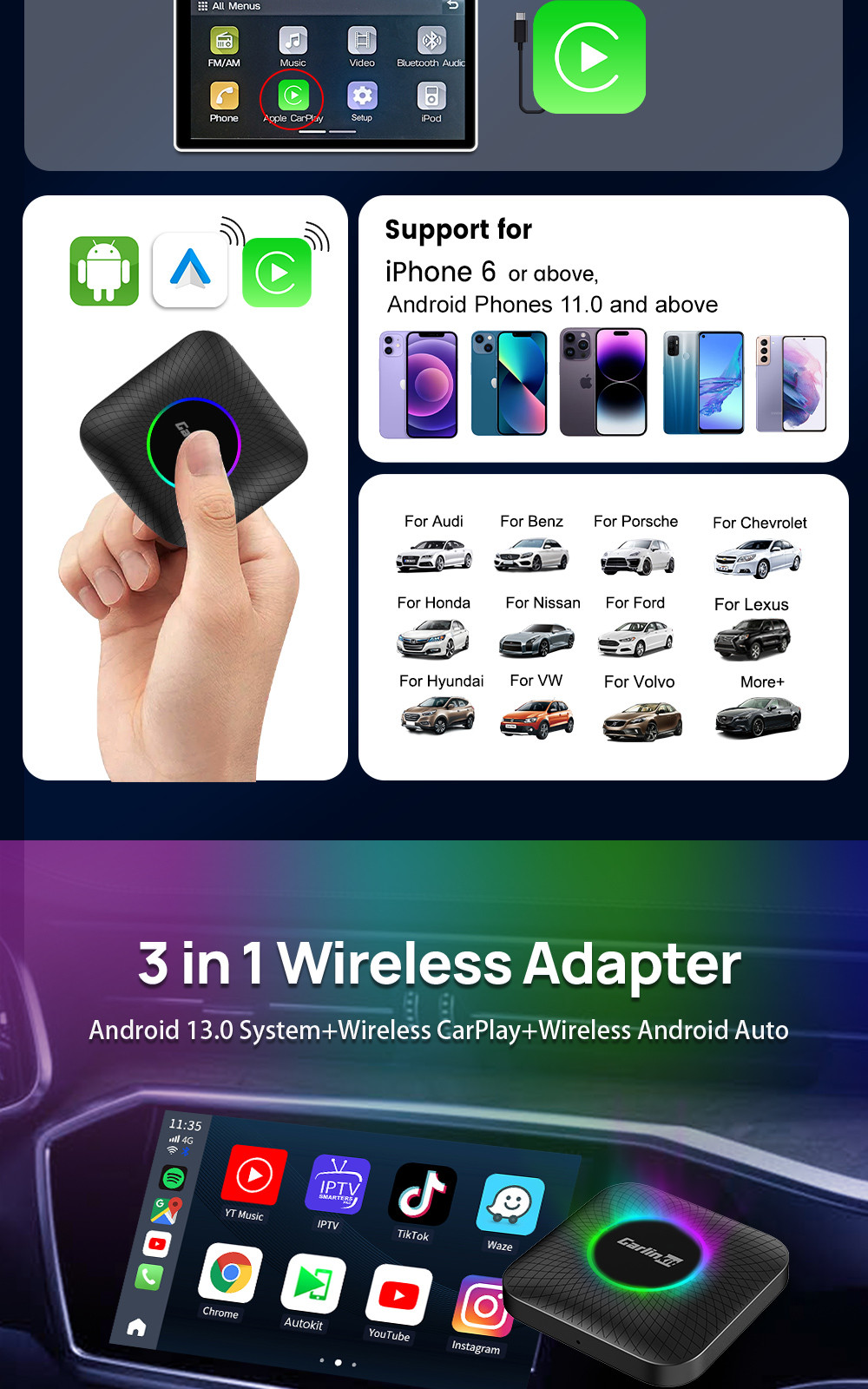 Multi Media CPC200-Tbox Ambient USB Ai Box Wireless Carplay Android 13.0 Adapter Compatible 2016-2022 with Built-in Wired Carplay Car
