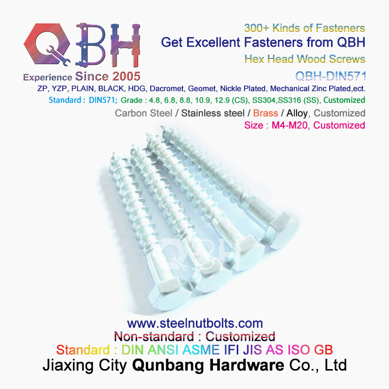 QBH DIN 571 YZP ZP WZP BZP Yellow White Blue Zinc Plated Carbon Steel Hex Wood Screws