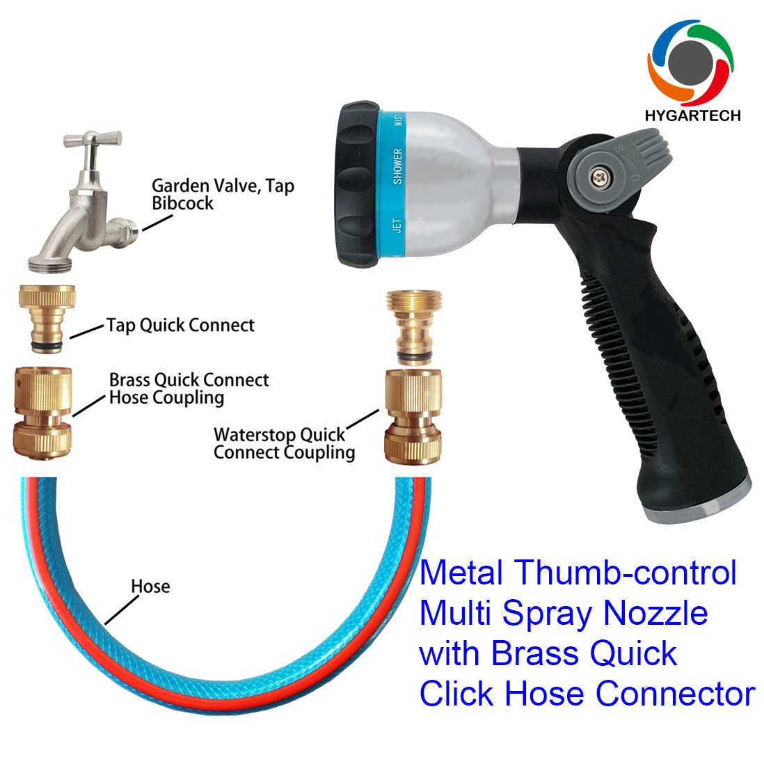 Metal 8 Modes Hose Multi Purpose Spray Nozzle W/ Thumb Control
