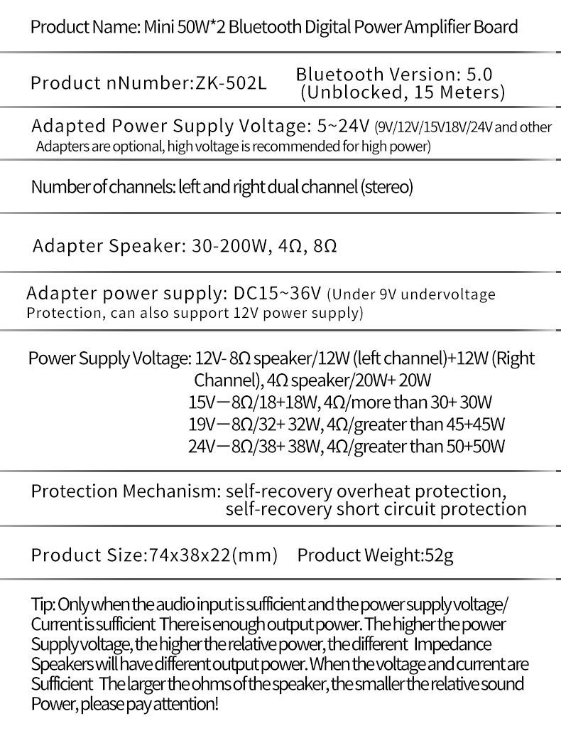 ZK-502L Mini for Bluetooth 5.0 DC 5-24V 50Wx2 Stereo Power Amplifier Wireless Audio Digital Board for Bluetooth Amplificador Spe