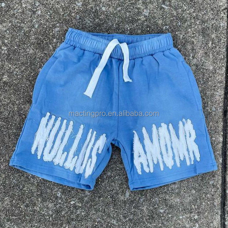 Red Running Acid Wash Distressed Shorts Set Vintage Style Sun Fade Sweat Shorts Embroidered Logo