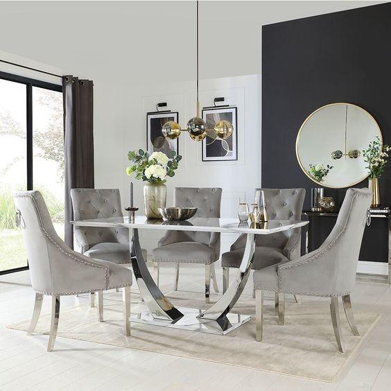 Stainless Steel Silver Black Marble Top Dining Table Set Luxury Modern Dining