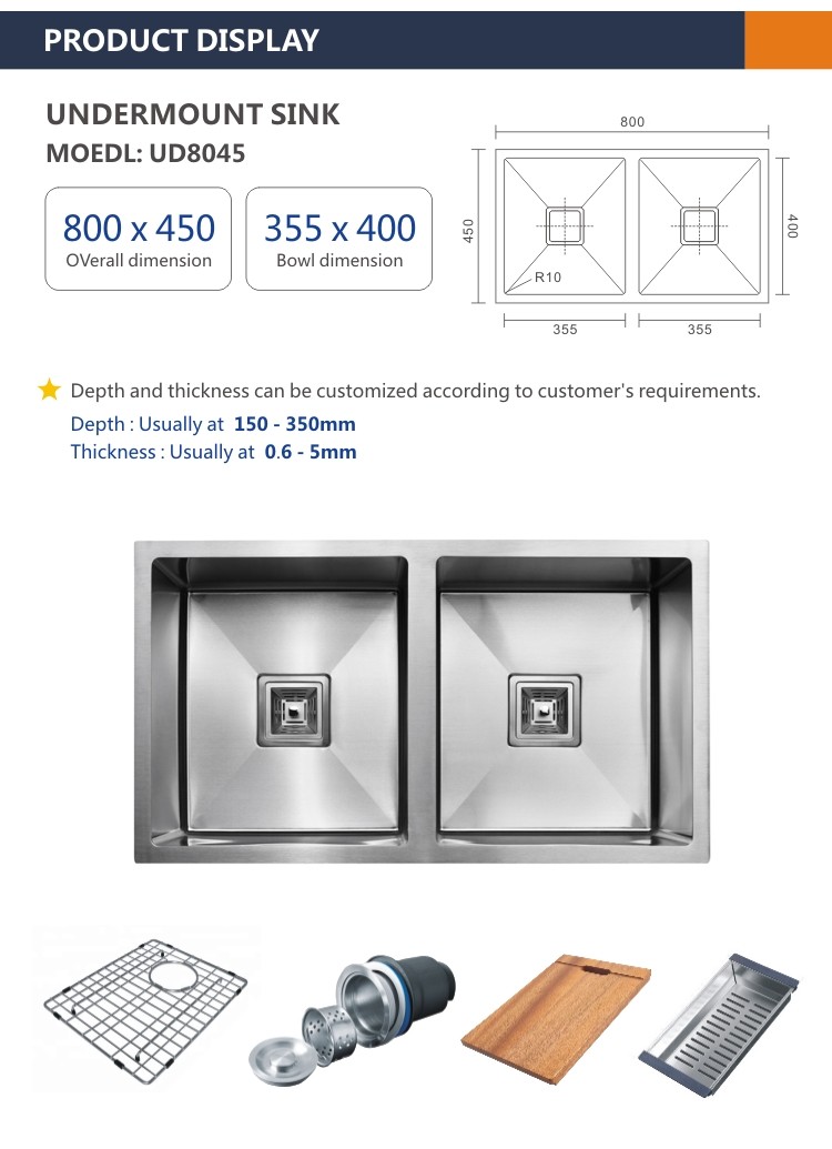 Cabinet 16 Gauge 316 Stainless Steel Sink , 10 Degree Flush Mount Farmhouse Sink