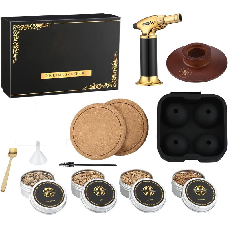 premium cocktail smoker kit with wooden storage box -cork coaster with 4 flavors and high quality Torch for Men's Gift