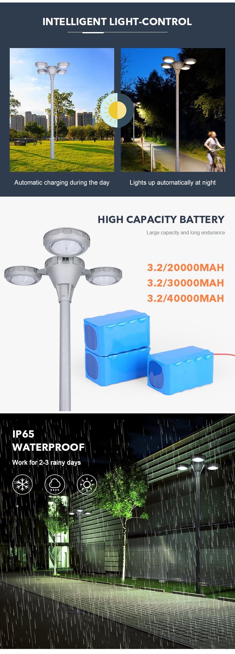 20w 30w 40w High Pole Led Solar Lights Outdoor Waterproof With Polycrystalline Solar Panel