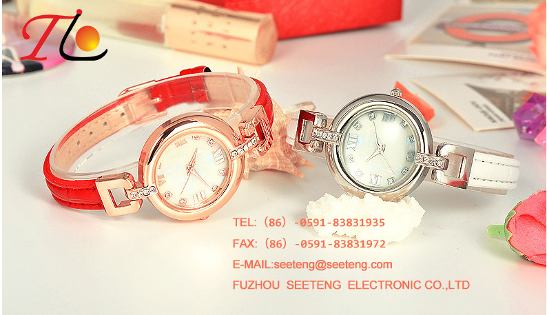 Elegant design wrist watch with colorful pu leather strap silver and golden alloy case for ladies