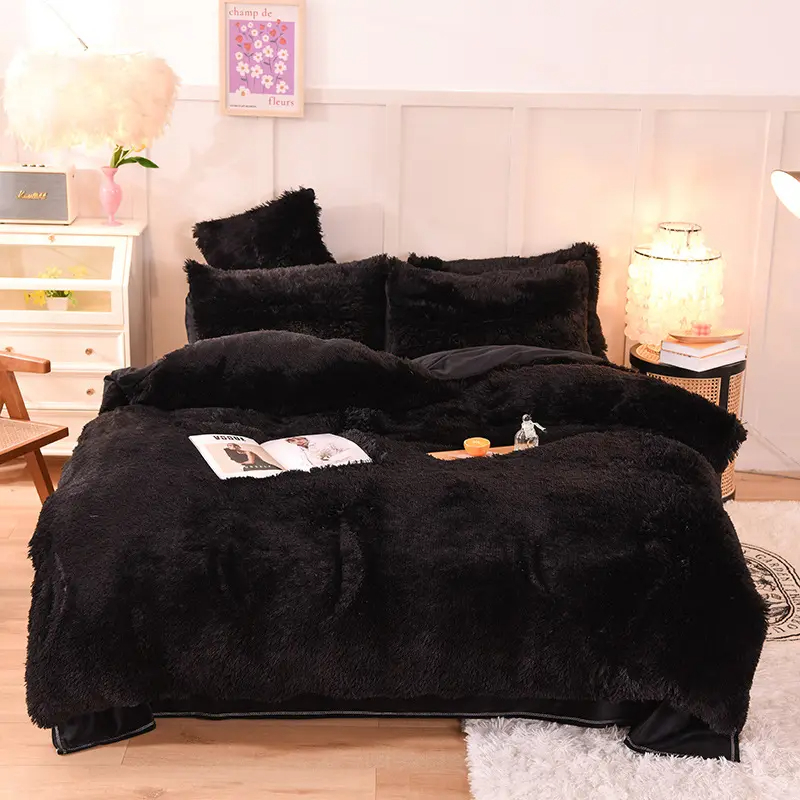 Polyester Filling Bedding Set Solid Color Flannel Duvet Cover Flat Sheet Pillowcase Sets