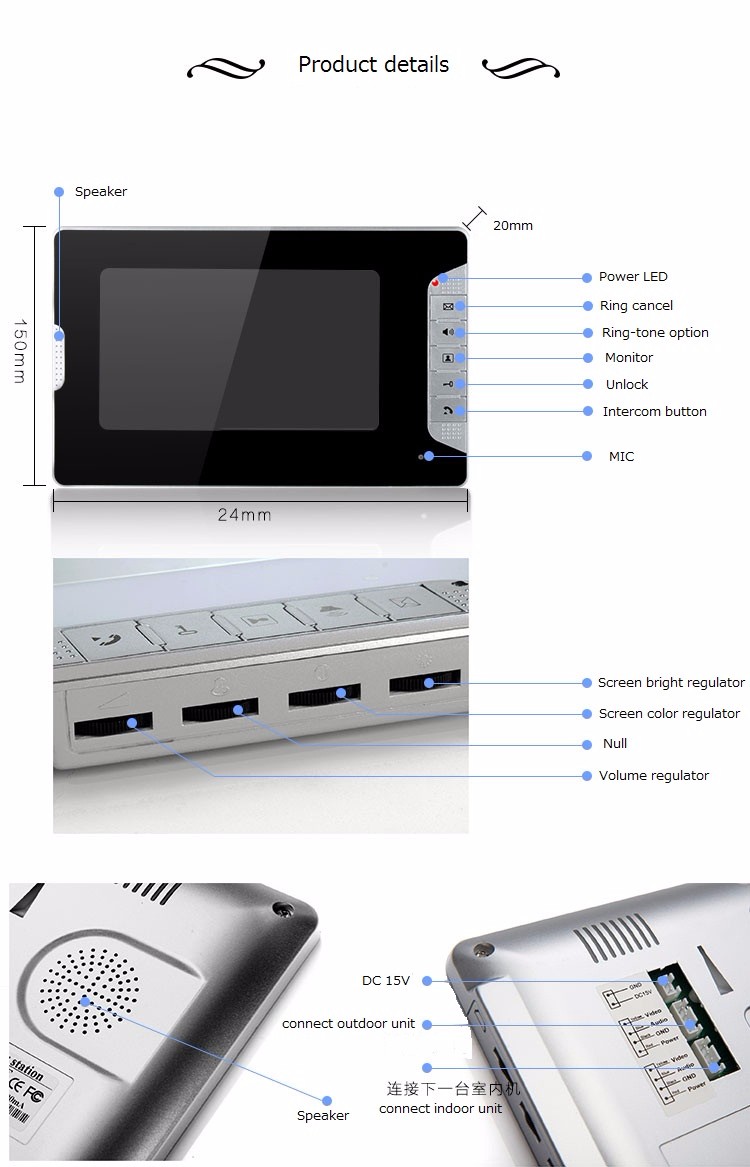Waterproof CMOS Camera and AC100~240V Power door bell ring with camera 7 inch CK-105wireless door bell