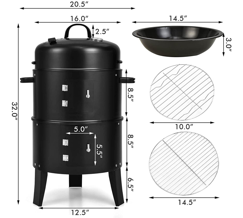 Black Stainless Steel Sokeless Charcoal Barbecue Grill 44*53*80cm Vertical 3 in 1 BBQ