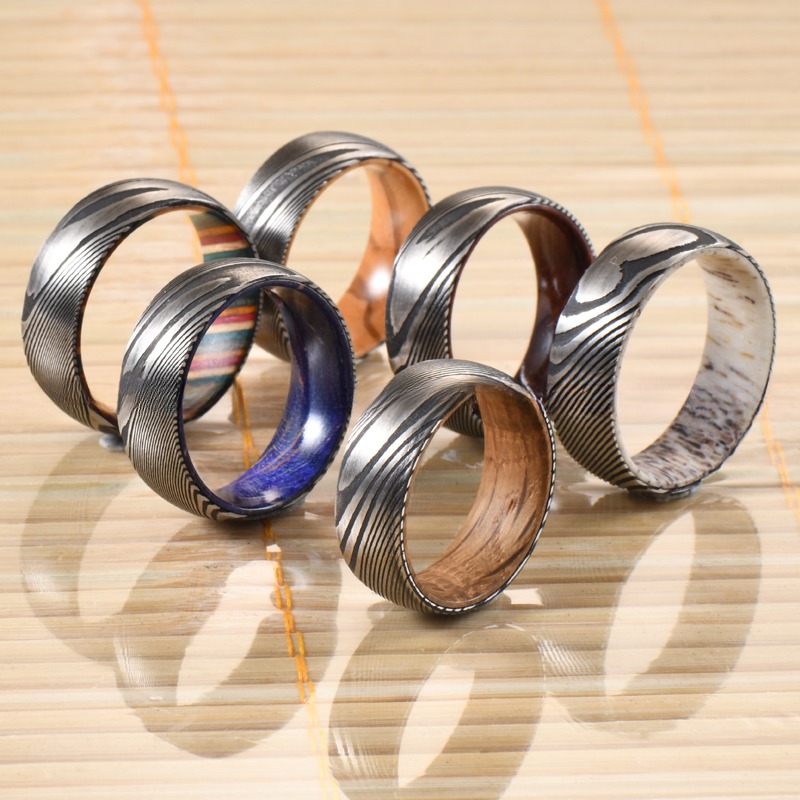 Damascus Steel Wedding Ring With Real Deer Antler Or Wood Sleeve Inlay