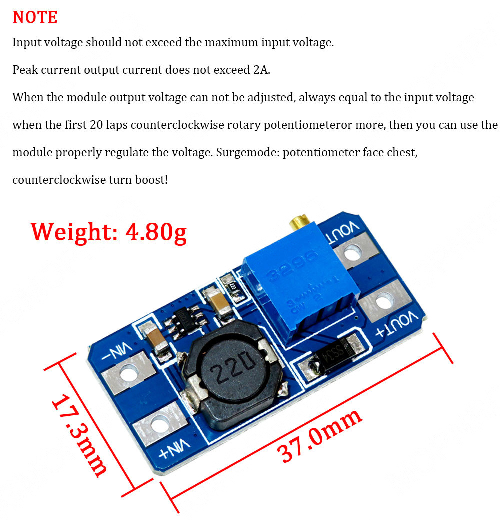 MT3608 2A DC-DC increasing voltage Board Wide Voltage Input 2/24V Lto 5/9/12/28V adjustable power module