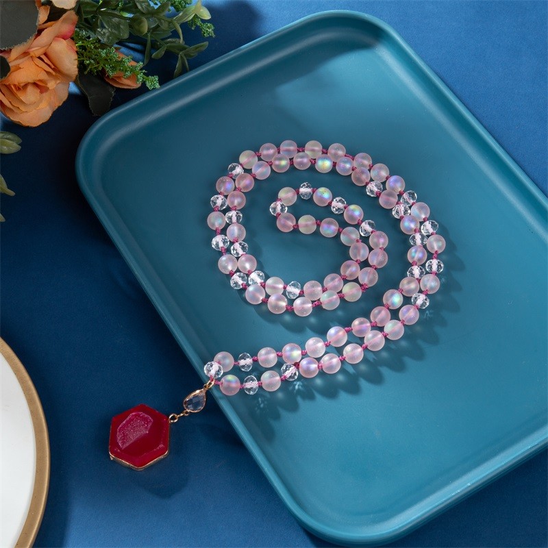 Pink Druzy Pendant Round Mystic Mermaid Glass Beaded Necklace 8mm For Women Girl