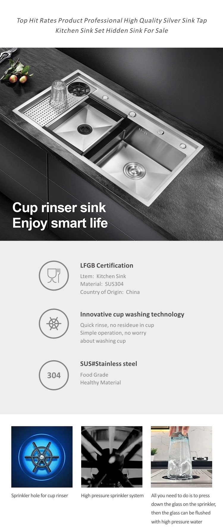 Handmade Cup Rinser Sink Stainless Steel 16 Gauge Single Bowl 33x22