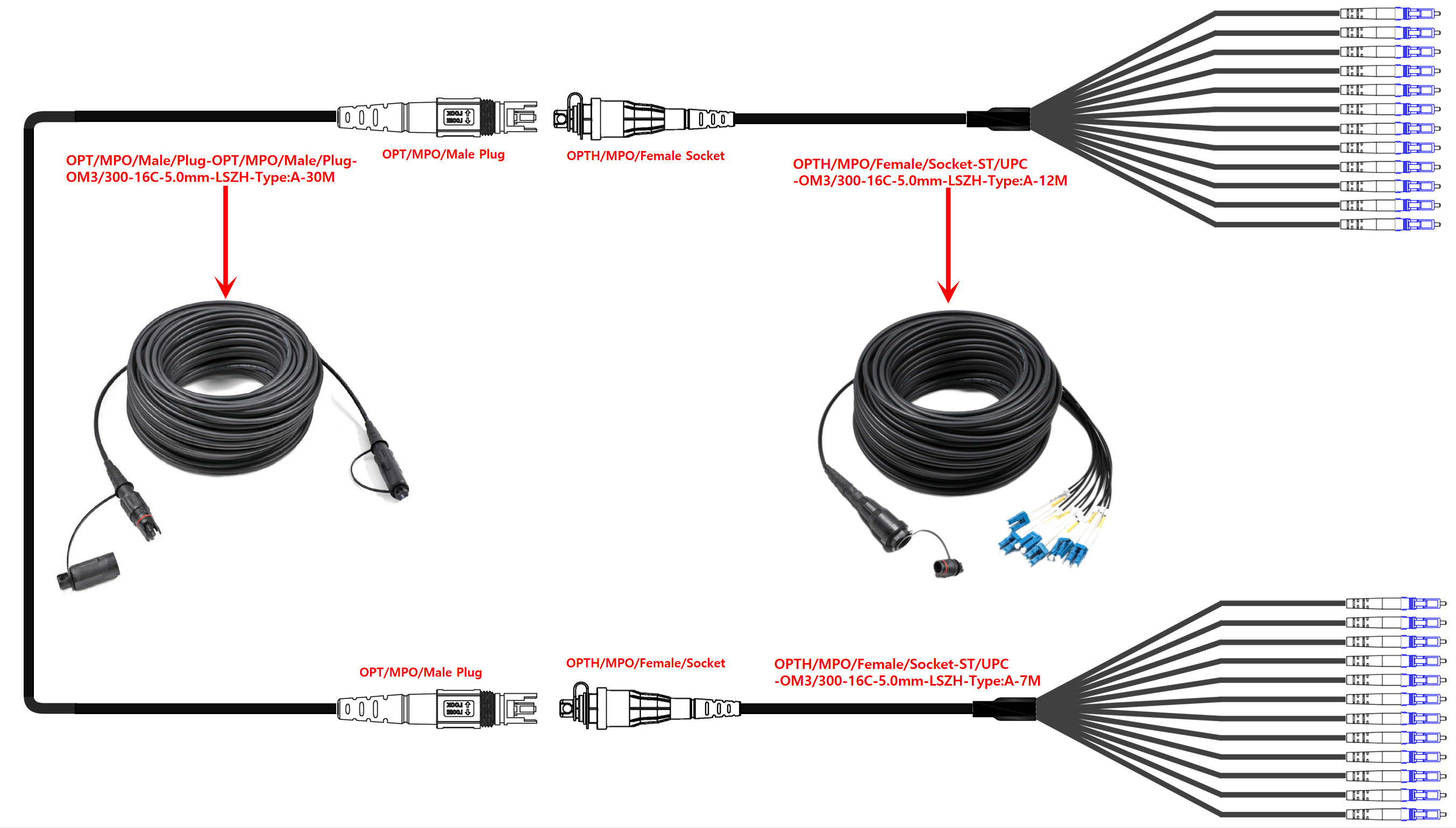 Waterproof MPO Trunk Cable with MPO Breakout Fiber Optic Cable 12/24 Core