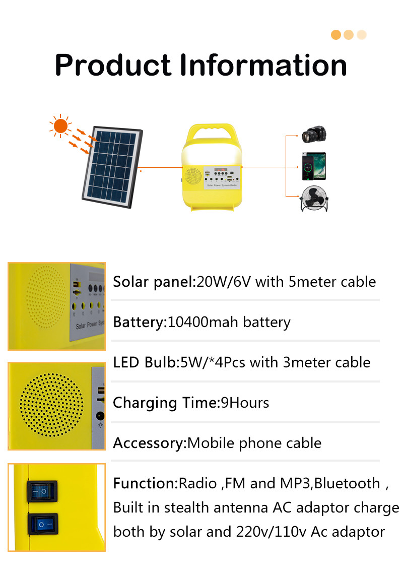 20W / 6V Mini DC Solar Lighting Kit With Rechargeable Lithium Battery Lighting System