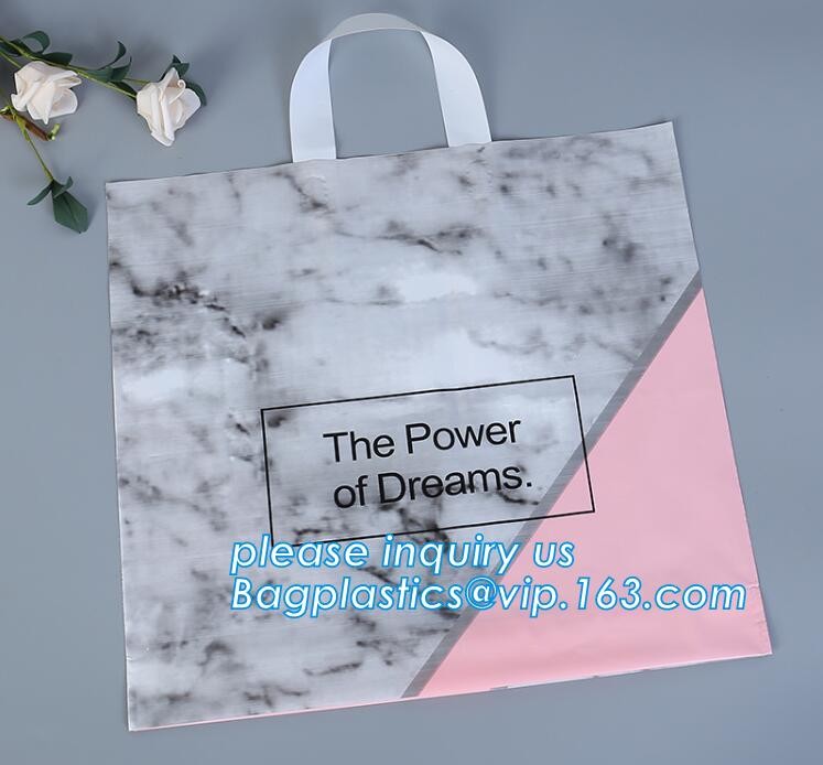 Custom Printed Stand Up Block BottomSoft Loop Handle Plastic Carrier Shopping Bag，Plastic Soft Loop Handle Bag for Shopp