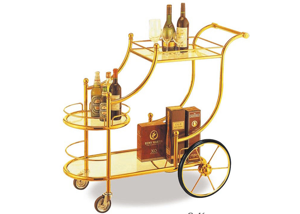 Big Wheel Room Service Equipments Wine Serving Cart Mirror - Gold Finish Fire - Proof Laminated