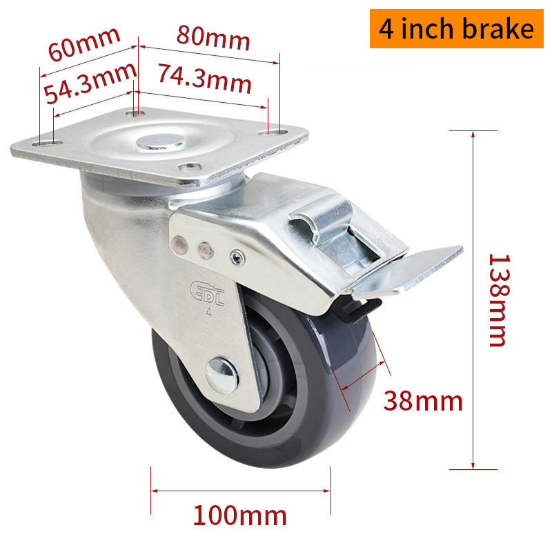 EDL‌ Medium Duty 4inch Caster TPU Plate by Rigid , Swivel and Brake Type 250kg