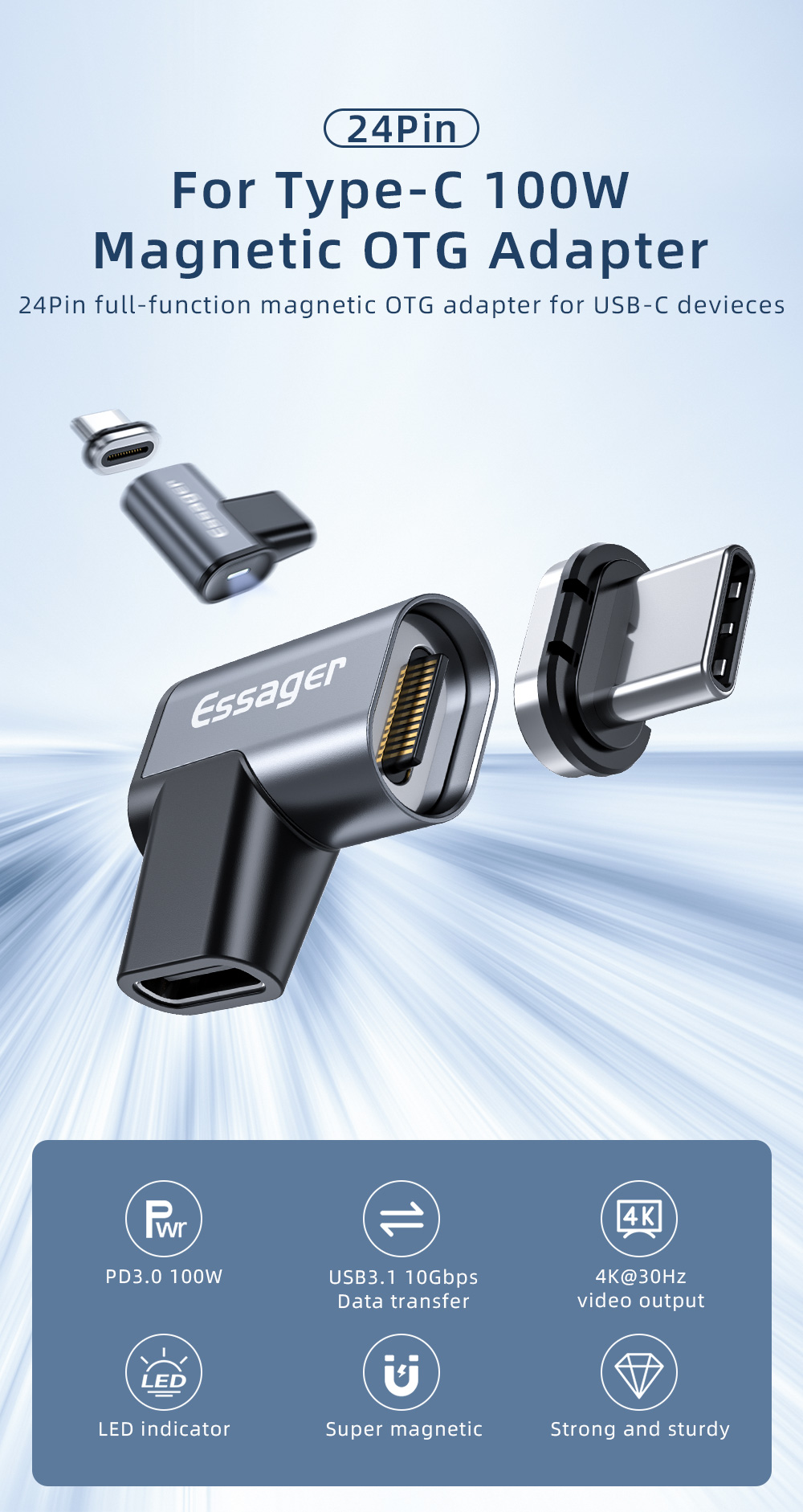Essager 2021 Trailblazer 100W Magnetic OTG Adapter Cable Quick Charge PD3.0 Data Transfer Type C OTG Converter Adaptor
