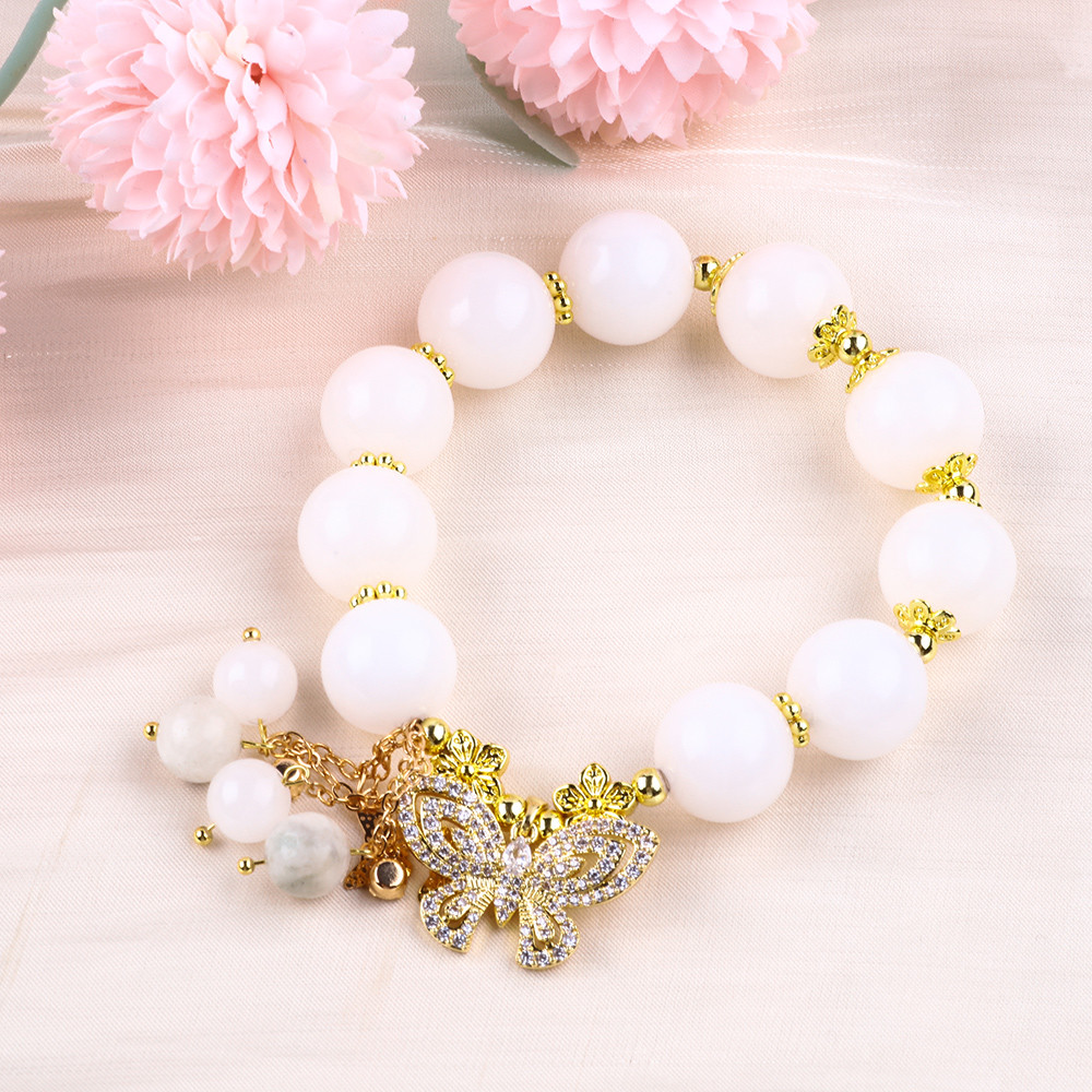 Natural White Agate 14MM Crystal Single Circle Hand String Butterfly Charm Bracelet For Gift