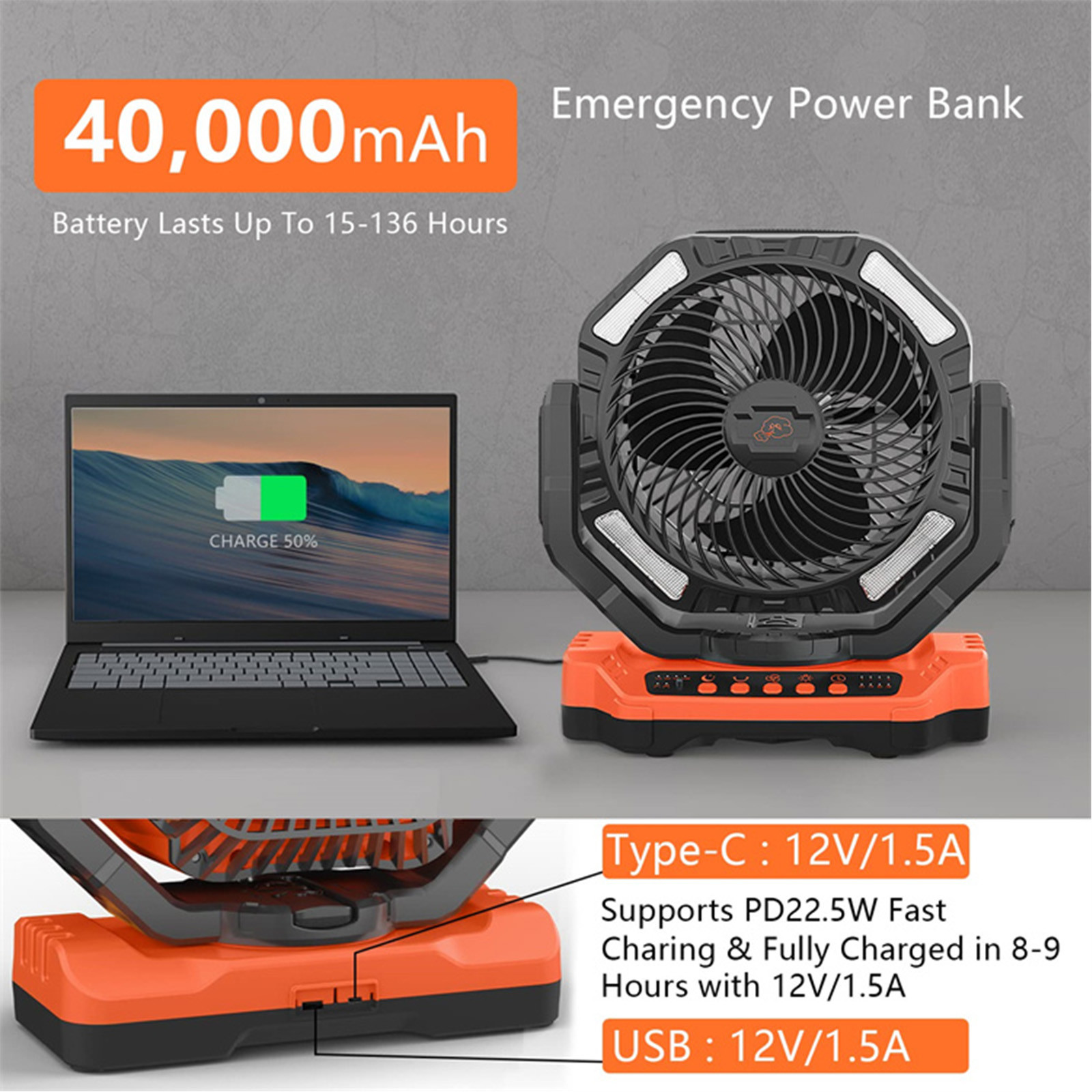 Socool Fan 40000mAh 5 Speed Portable Camping Fan Levels Rechargeable Fan With ABS Body Silicone Jacket Manganese Steel Hook And Bracket