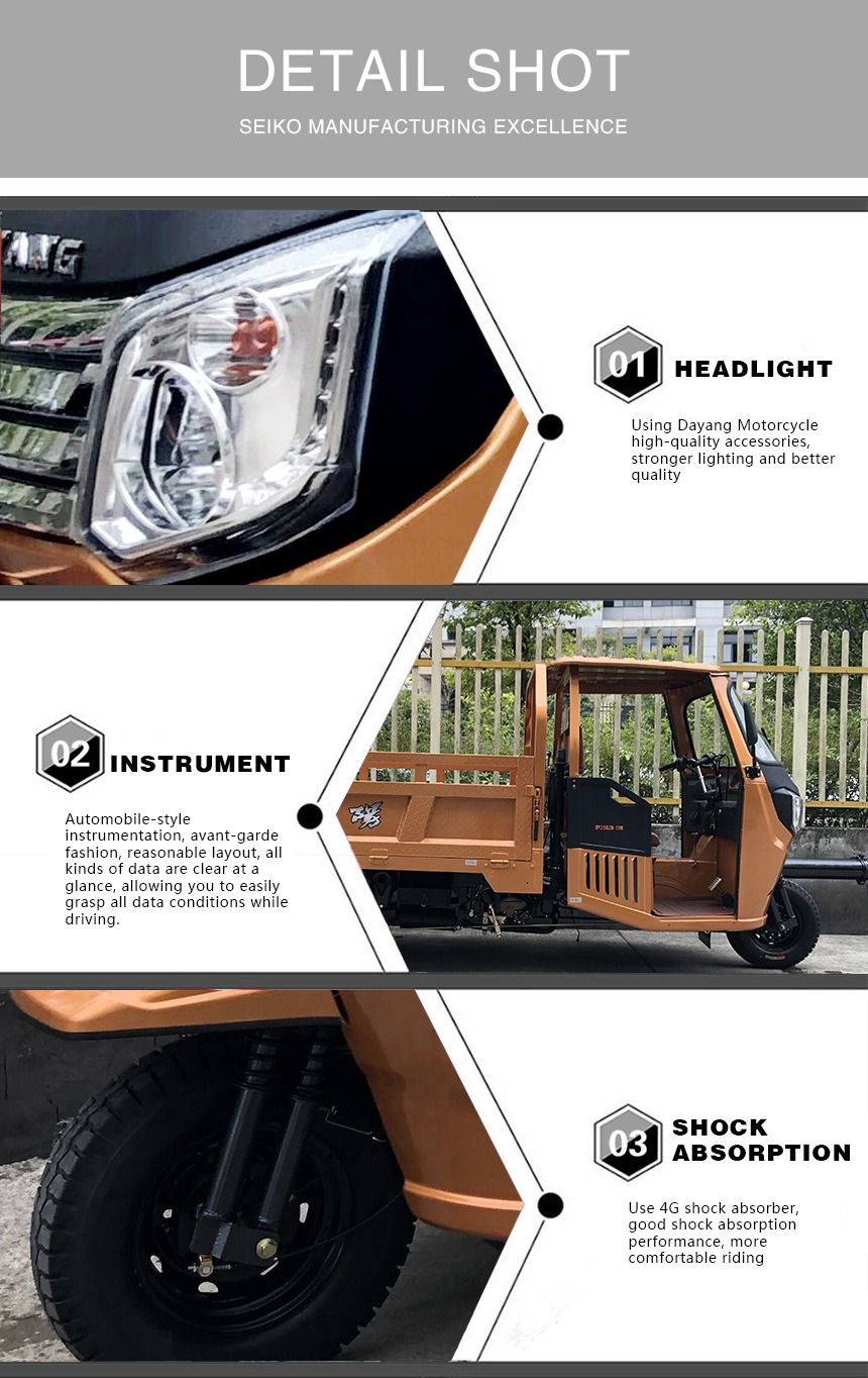 Smooth Ride 200cc Water Cooling Gasoline Engine Three Wheel Cargo Tricycle with Cabin
