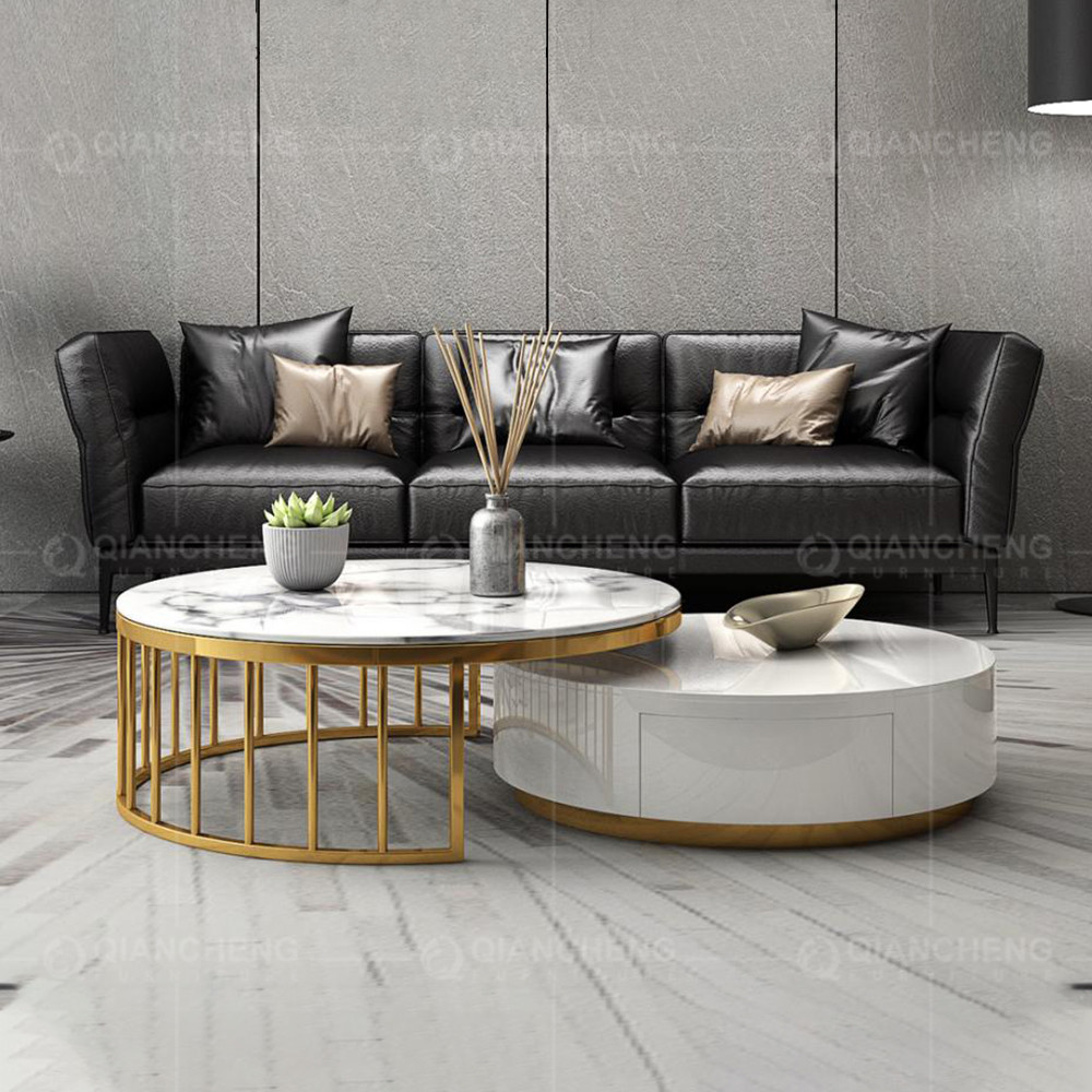 Qiancheng OEM SS Coffee Table 20mm Marble Top With White Drawers