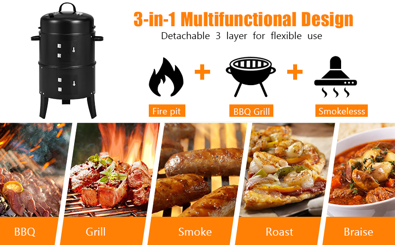 Black Stainless Steel Sokeless Charcoal Barbecue Grill 44*53*80cm Vertical 3 in 1 BBQ