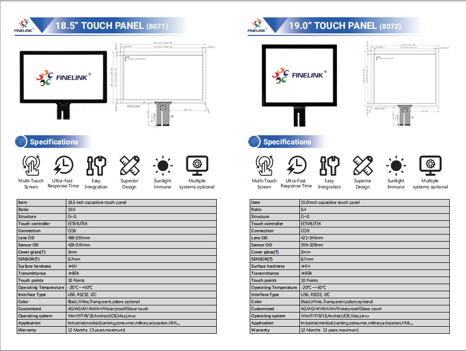 10.1-21.5 Inch G G PCAP Touch Panel Capacitive Touch Panel For Industrial