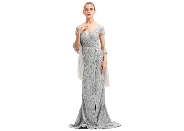 Deep V Neck Bridal Bridesmaid Dresses , Grey Color Ladies Evening Dress With