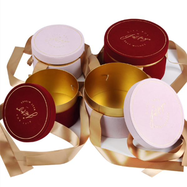Gold Foil Logo Round Velvet Rose Flower Hat Box Small Mothers Day Gift Box with Ribbon