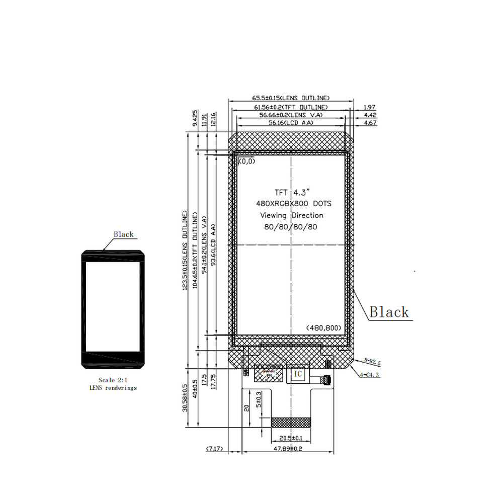 480x800 Pixels 4.3inch 40pin Liquid Crystal Display Module Vertical LCD Screen