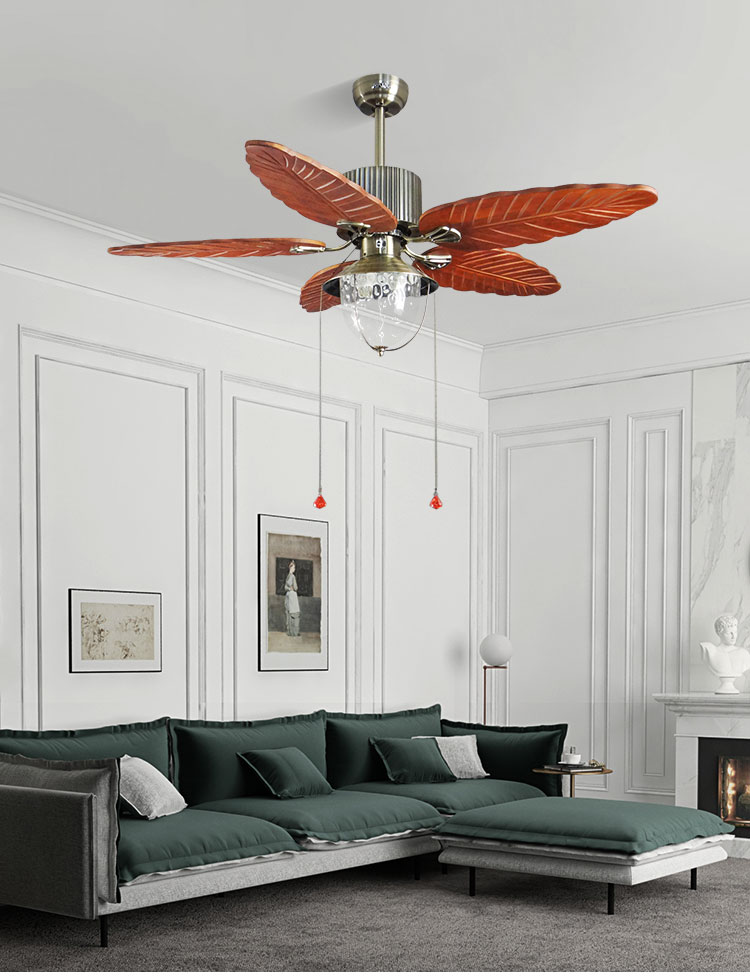 52 Inch Nature Wood Ceiling Fan with Pull Chain Switch and Tropical/America Rustic Style