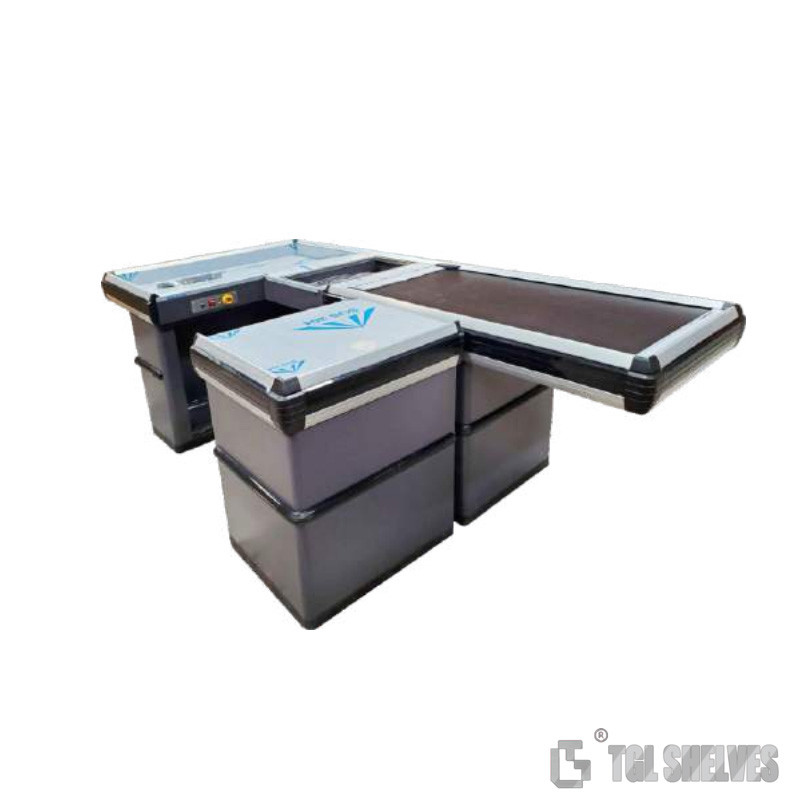 Morden Register Checkout Counter , ODM Supermarket Cashier Desk With Conveyor Belt