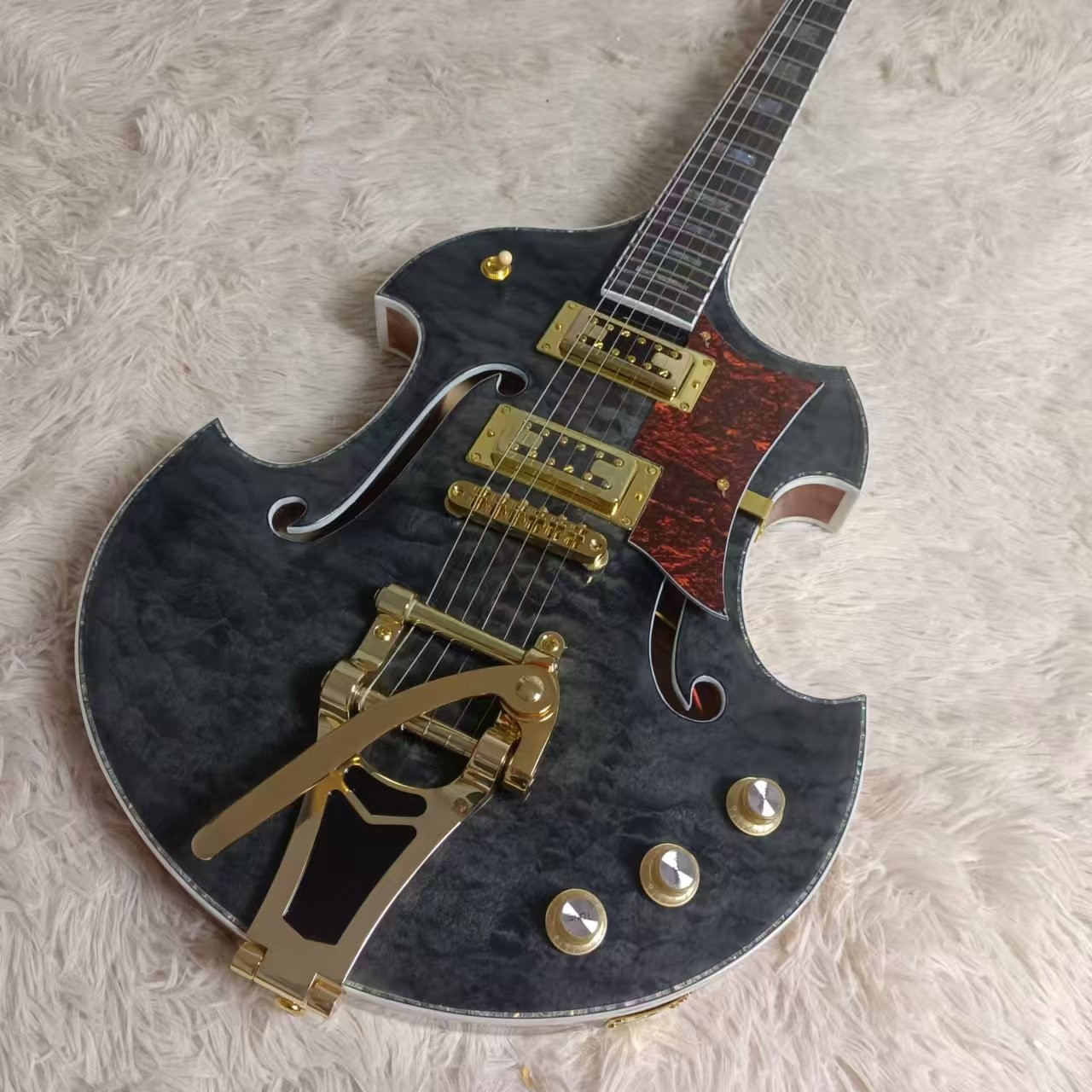 Custom f hole hollow body irregular body Gretsch electric guitar with bigs bys trem in blue color, accept guitar and bass OEM