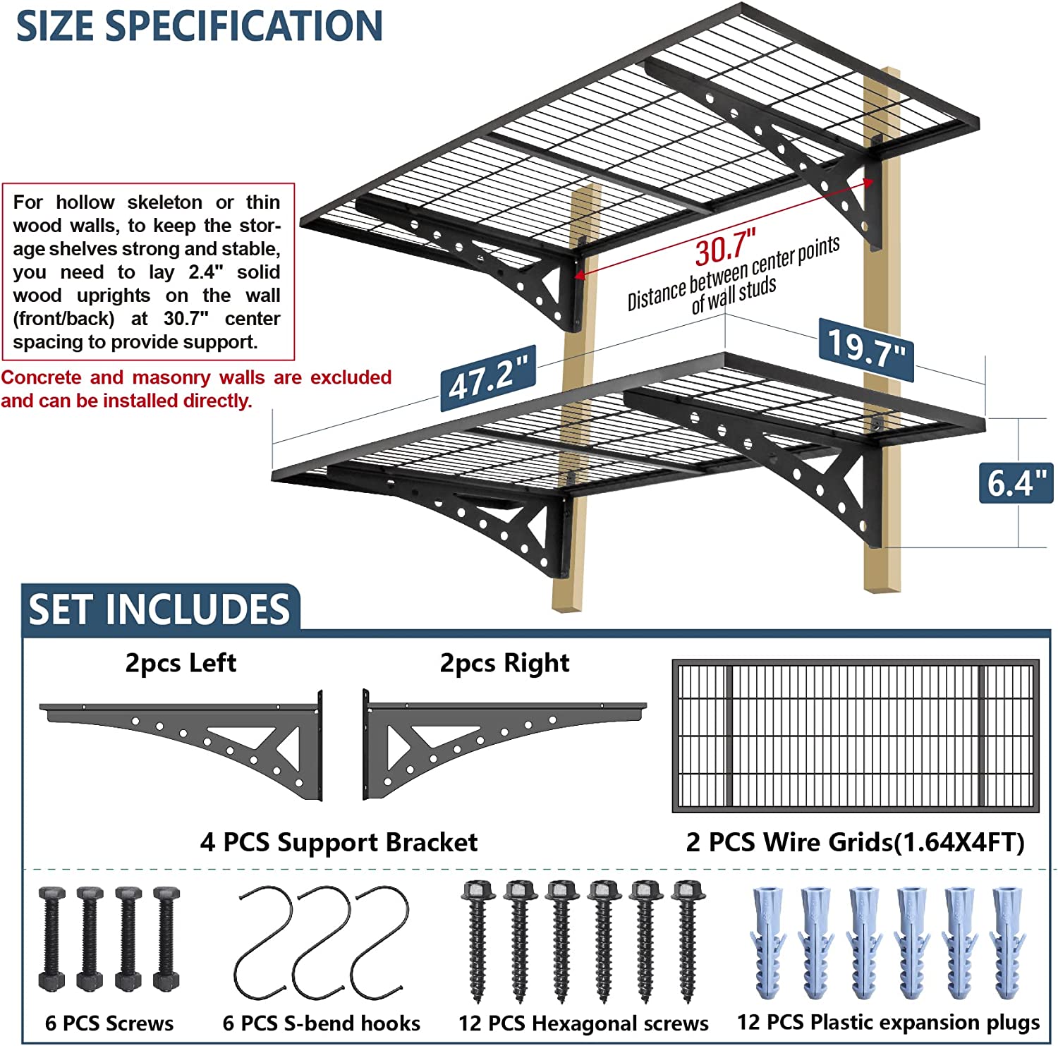 Carbon Steel Garage Storage Wall Shelves Rack 2x3ft Heavy Duty Sturdy Basement Mount