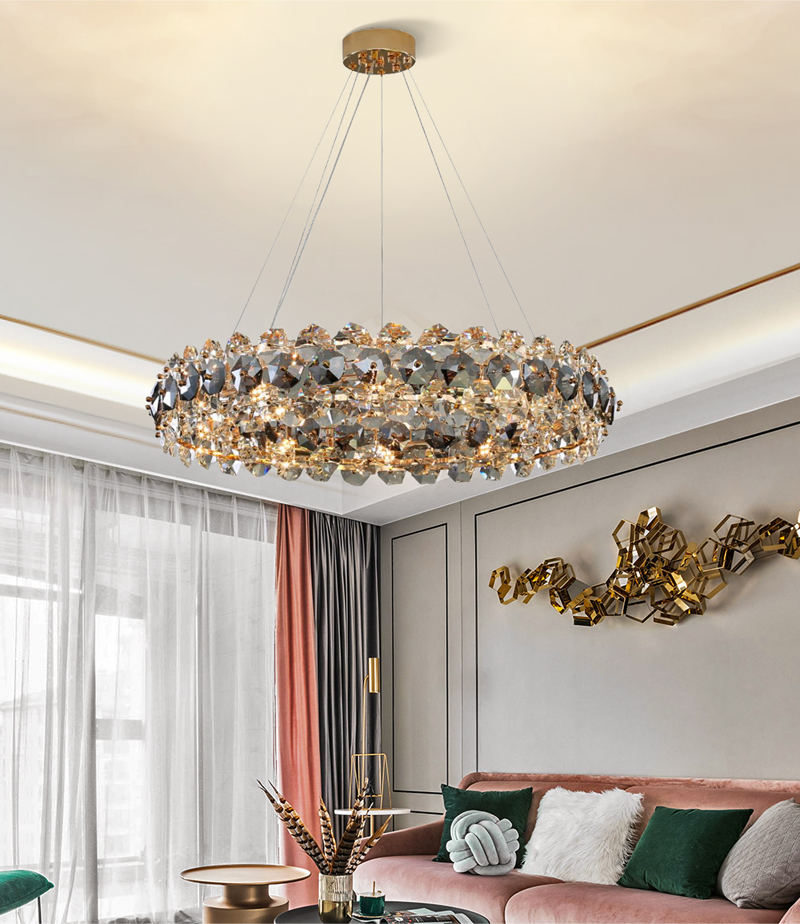 Smoke gray crystal chandelier for living room round hanging lamp decorative lights for room(WH-CY-233)