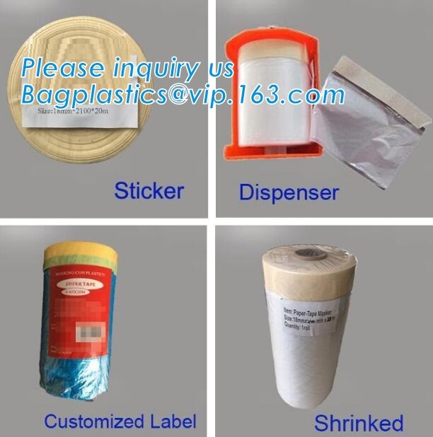 Disposable PE pre-taped self static cling masking film, Cover mask plastic drop film PE protection film with tape, BAGEA