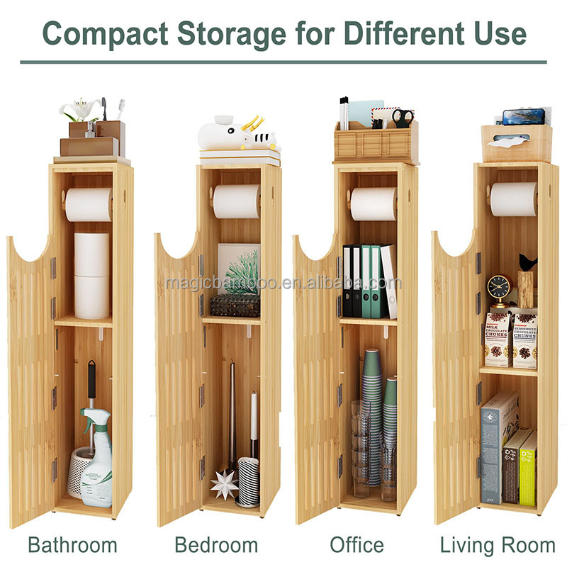 Multifunctional Bamboo Toilet Paper Storage Cabinet Roll Holder Cupboard Space Saving