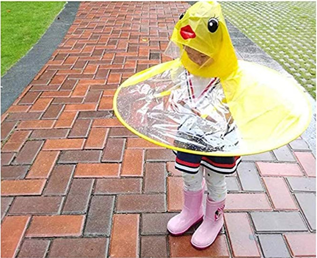 Cute Little Yellow Duck Childrens Waterproof Raincoats UFO Umbrella Hat Magical Hands Free