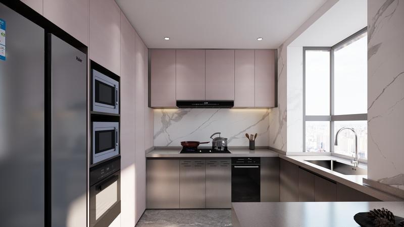 Modern Sleek Elegant Pink And Original Finish Stainless Steel Kitchen Cabinets
