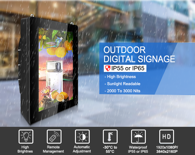 43" Outdoors LCD Display Portrait Screen IP55 High Bright 1080P 4K UHD Wall Mount